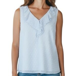 NWT WHBM Light Blue Ruffled Sleeveless V-Neck Dotted Lined Blouse Size Small